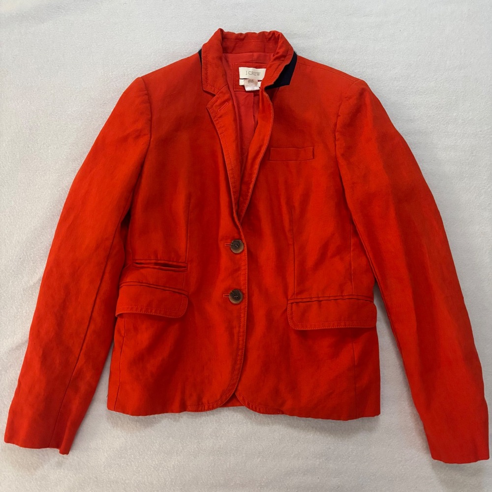 J.Crew Schoolboy Blazer Orange Red 100% Linen Navy Undercollar Womens 6